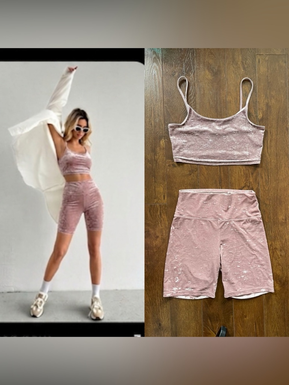 Large Aritzia TNA Pink Crushed Velvet Biker Shorts and Sports Bra Matching Set